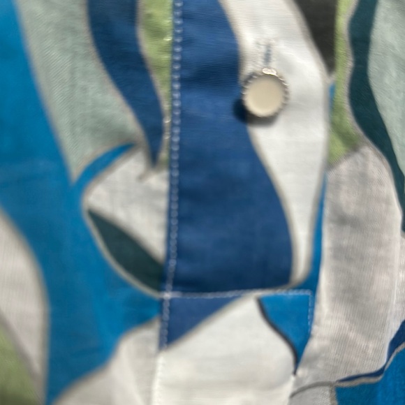 Blue and White Wrap Blouse with Tie Front and Mandarin Collar - Picture 4 of 8